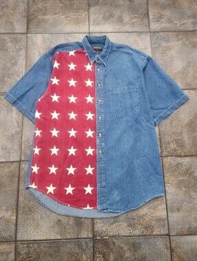 Vintage 90s Tango By Max Raab Men's Large USA Flag Denim Button Up Shirt